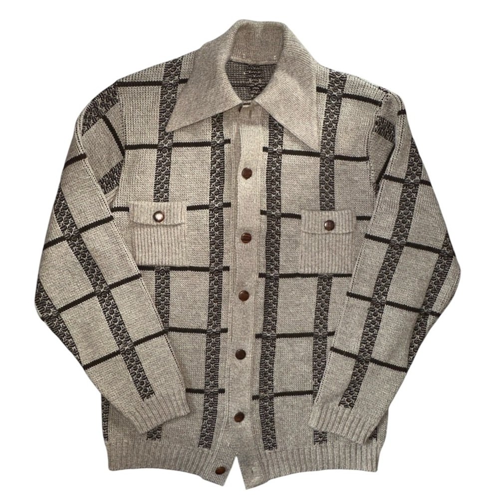 Vintage Patterned Knit Sweater Cardigan with pointed collar